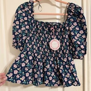 Umgee Navy and Pink Floral Smocked Blouse